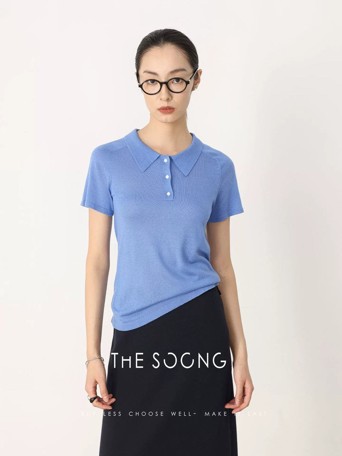 THESOONG/Blue Mood Henry Cashmere and Mulberry Silk Stretch Textured Short Sleeve Polo T-Shirt 6539