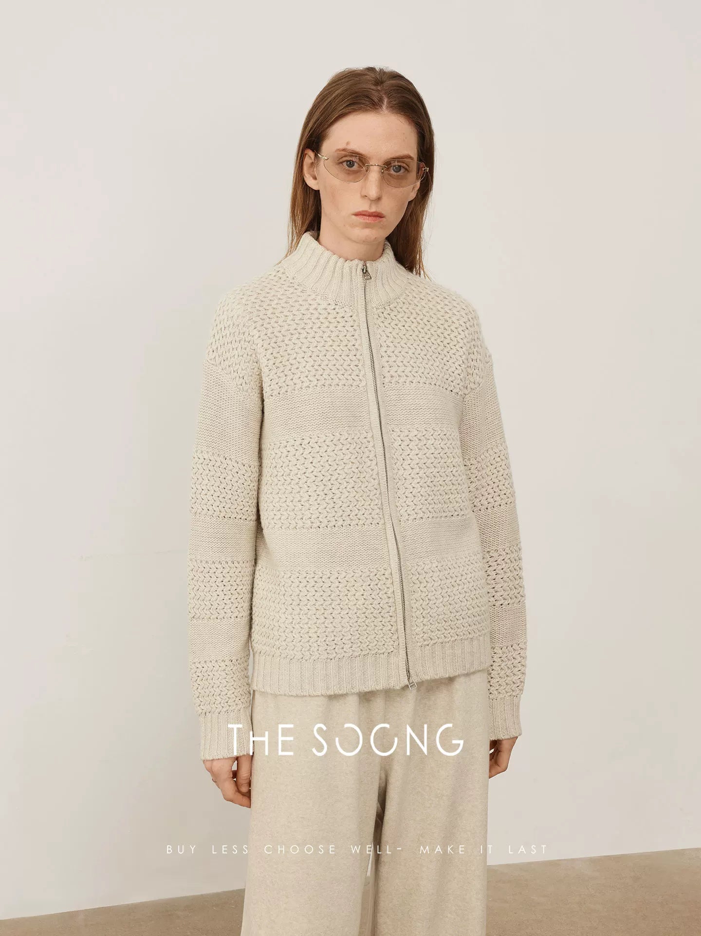 THESOONG/Visual Luxury Feel, Multiple Needle Interwoven Delicate Texture Round Neck Wool Sweater Jacket, Women 7982