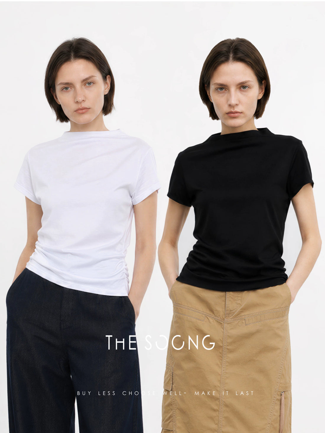 THESOONG/Graceful Light Elegance Lyocell Natural Soft Gathered Waist Small Boat Neck Short Sleeve T-Shirt for Women 8539