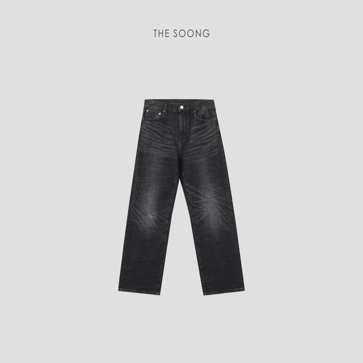 THESOONG / Bajia Black Cow Classic Vintage High-Count Cotton Feel Mid-Rise Stretch Washed Black Jeans 8378