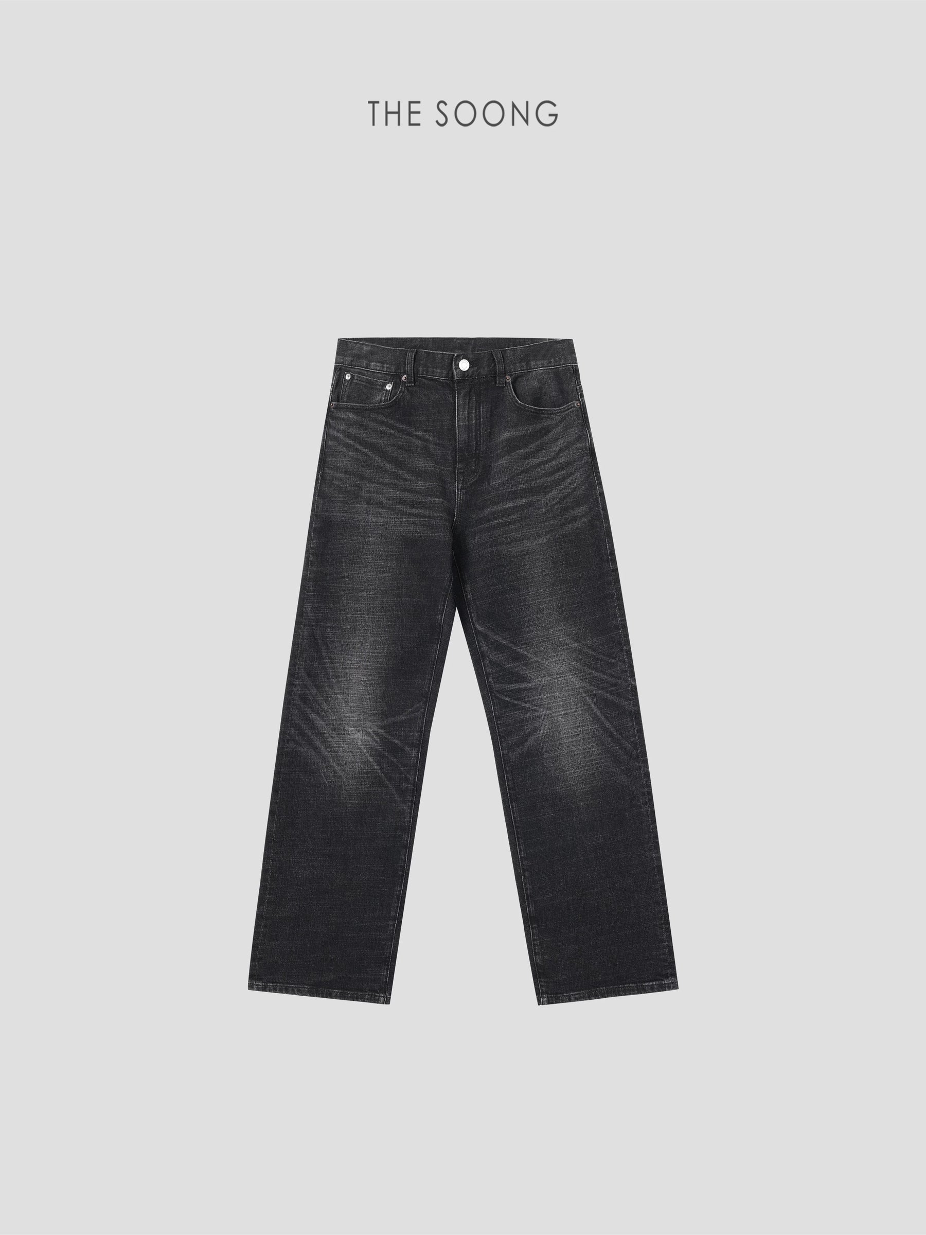 THESOONG / Bajia Black Cow Classic Vintage High-Count Cotton Feel Mid-Rise Stretch Washed Black Jeans 8378