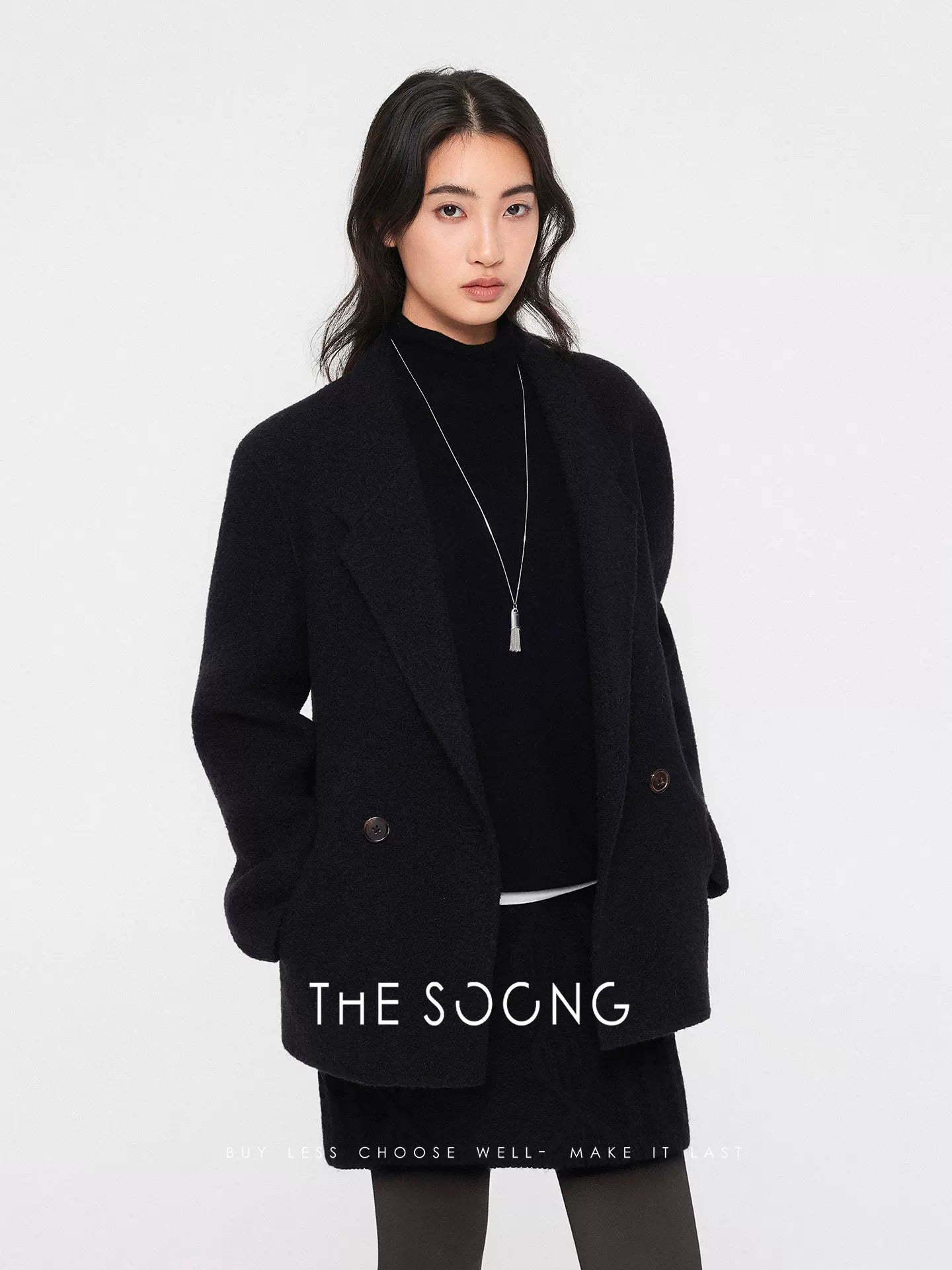 THESOONG/Autumn/Winter Black Wool Coat Women's Loose Thickened Warm Reversible Tweed Suit Jacket 7651