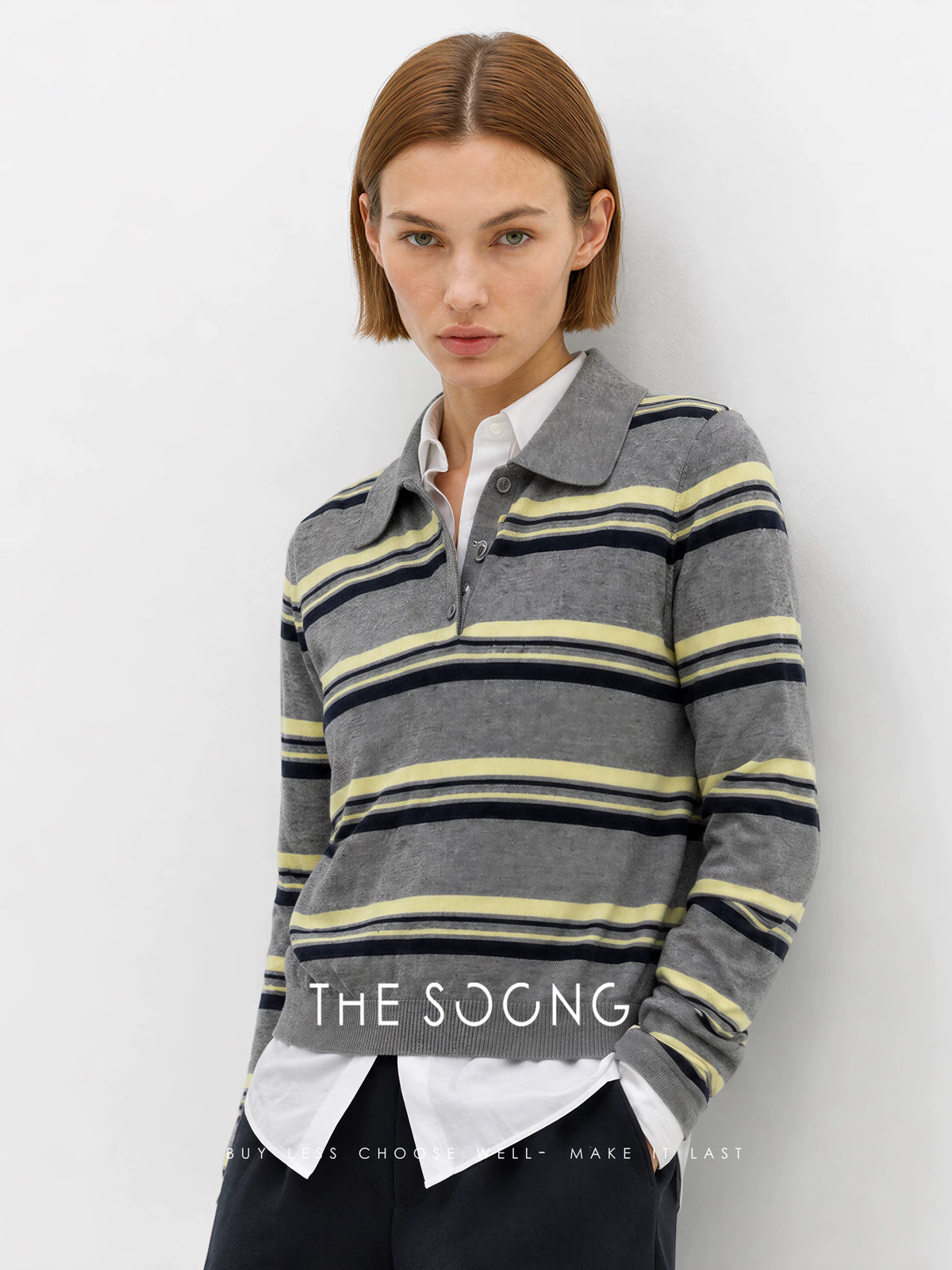 THESOONG / Lime striped polo shirt, 100% high-count twin yarn interwoven color pearl-pique top 9238