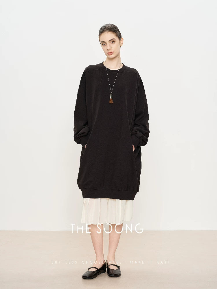 THESOONG/Sweatshirt Skirt: 100% Cotton, High-Support, Skin-Textured Long Loose Crewneck Sweatshirt for Women 5677