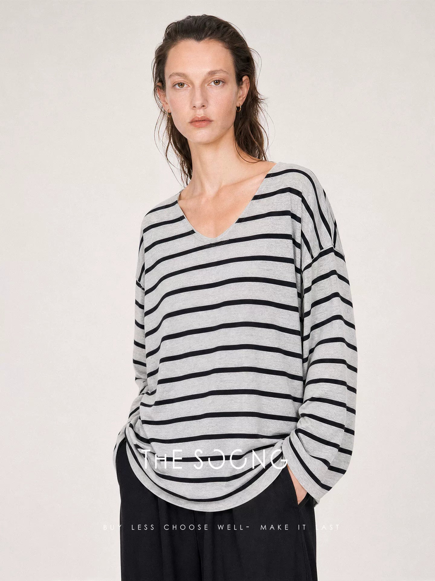 THESOONG/French Lazy Linen Blend V-Neck Striped Loose Breathable Thin Knitwear Jacket for Women 9127