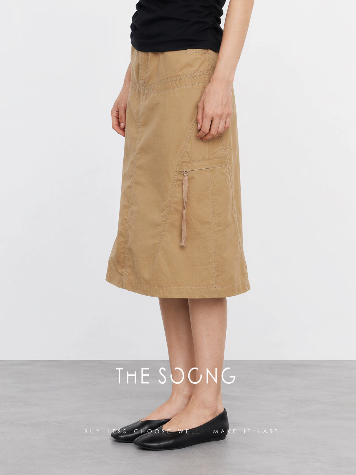 THESOONG/Soft Mist Workwear 100% Cotton Six-Pocket Functional Belted Mid-Length Straight Skirt 8957