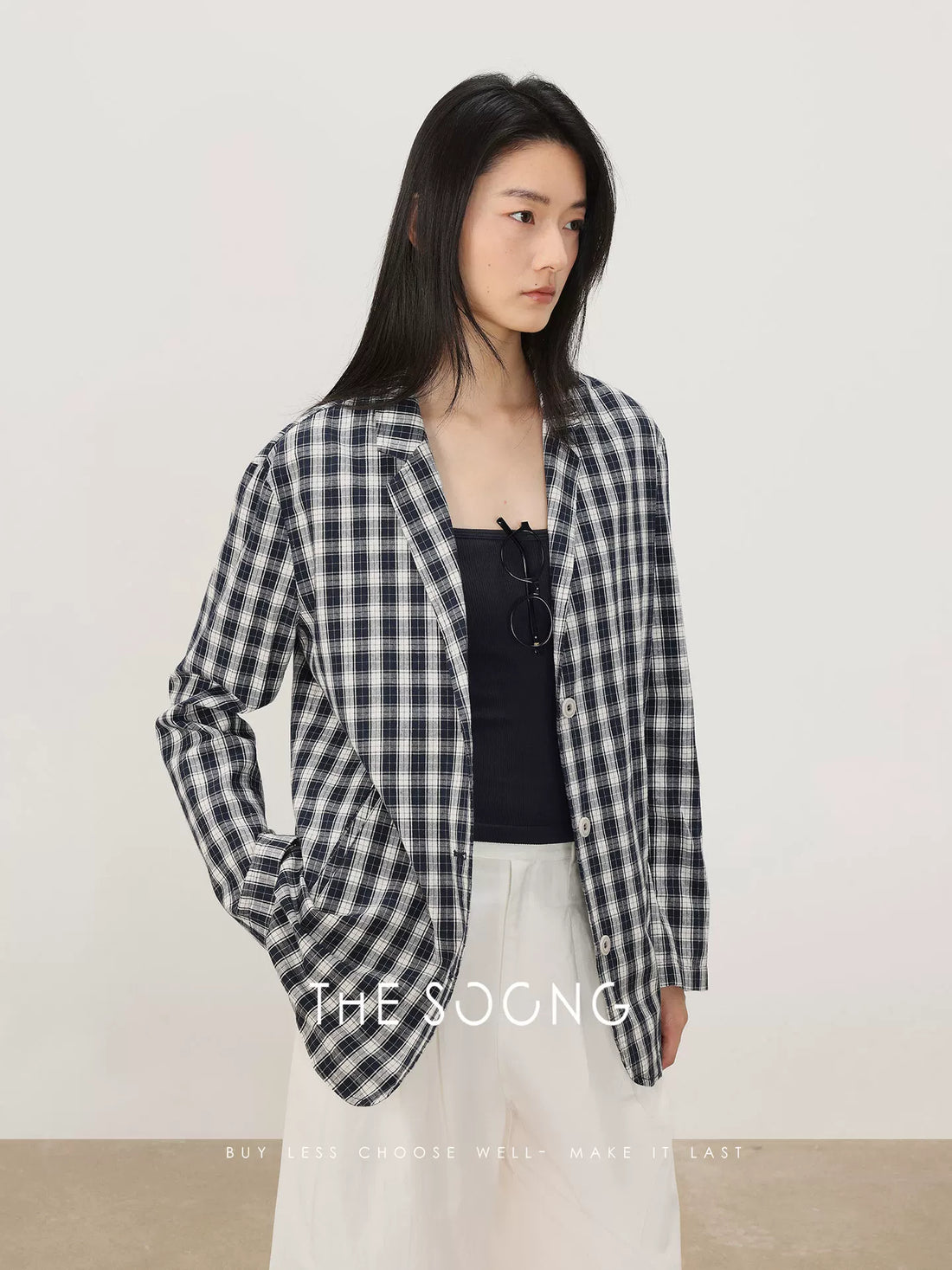 THESOONG/春季蓝白格子休闲西装外套女小个子高级感设计上衣8060