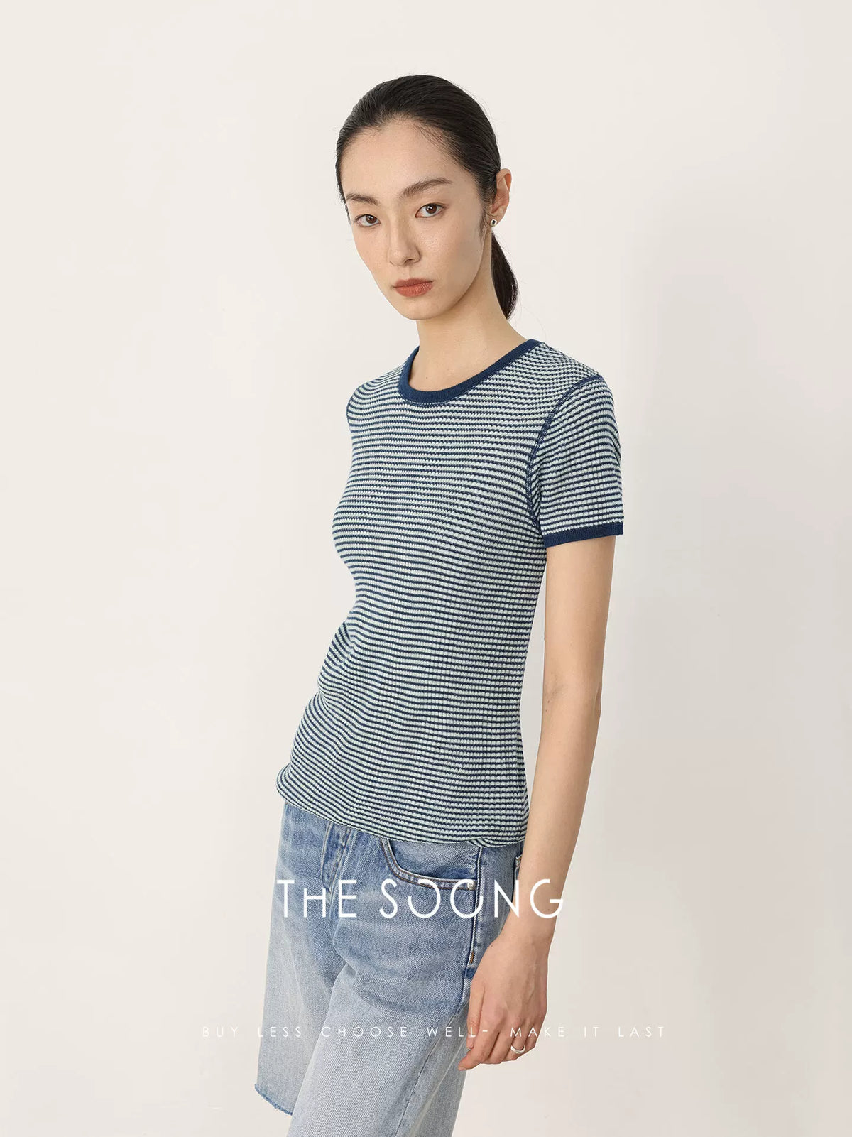THESOONG/Classic Striped T Wool Rib Textured Color-Blocked Woven 3D T-Shirt Top HWTX8493