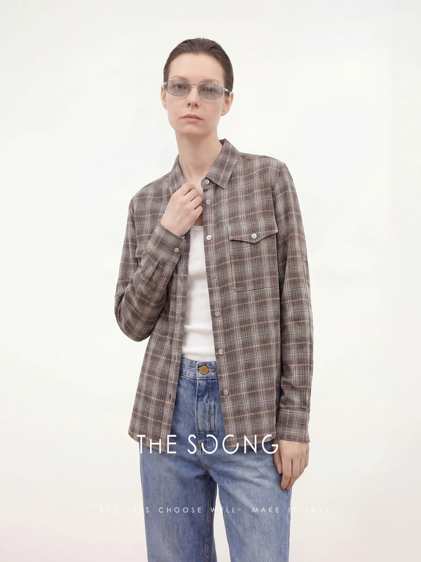 THESOONG/Plaid Order Double-Patch Pocket Long-sleeve Shirt for Women, Plaid Shirt, Summer 7682