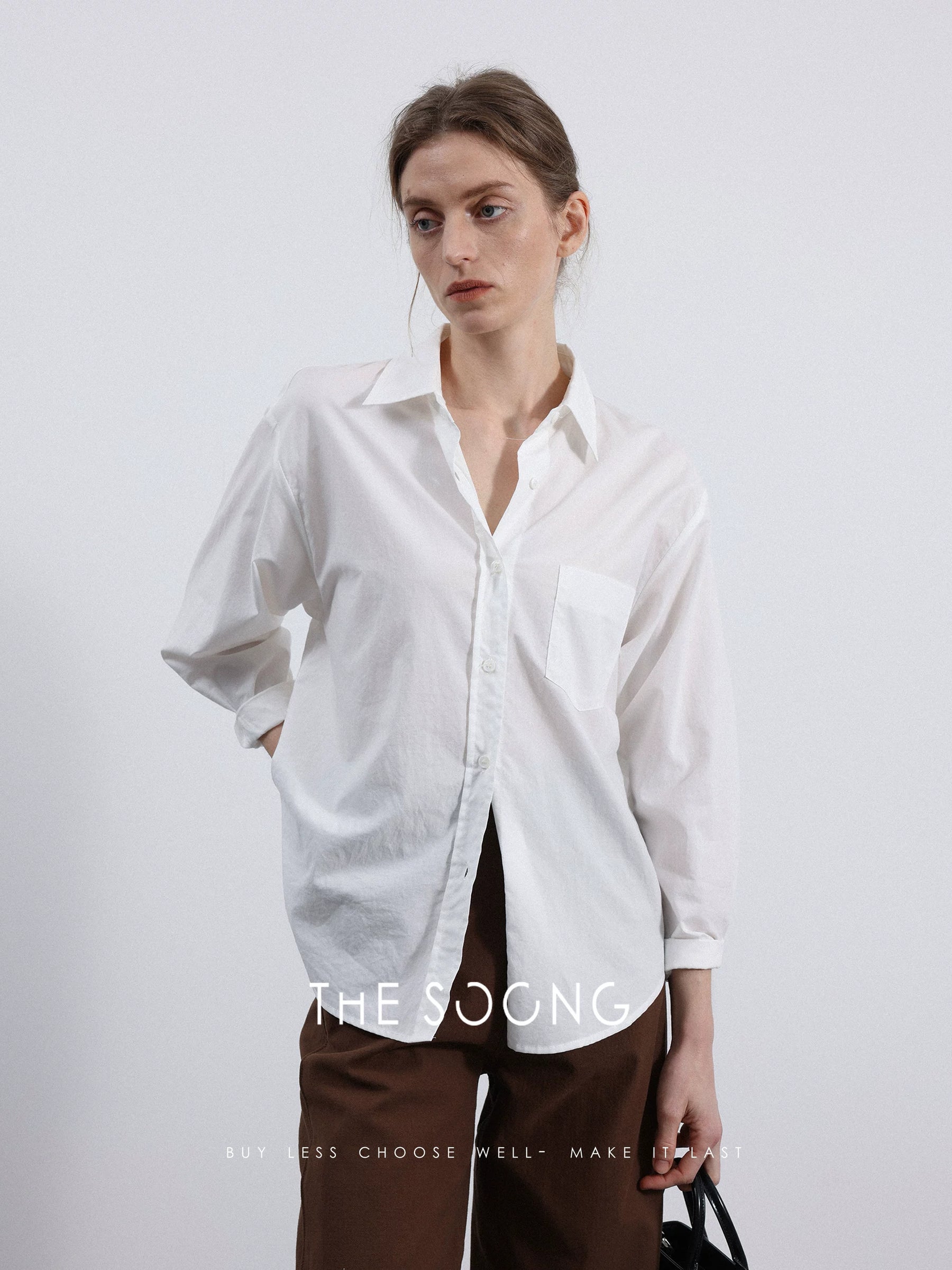 THESOONG / Casual Classic Extra Soft Washed Extra Soft Mulberry Silk Basic White Simple Versatile Shirt for Women