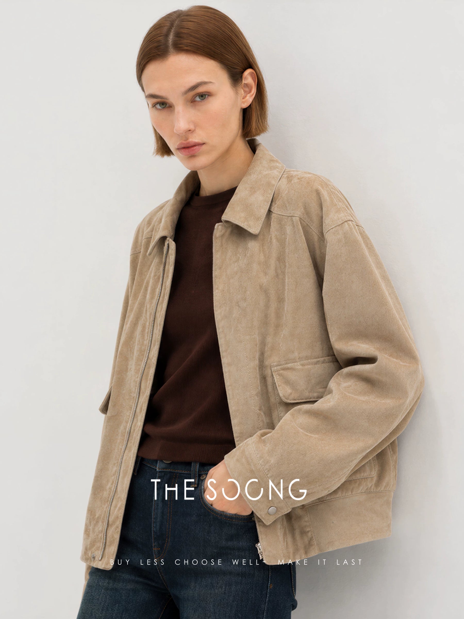 THESOONG/ 'Dune' Imported Sudan Lambskin Composite Soft and Tough Original Leather Short Jacket for Women 9141