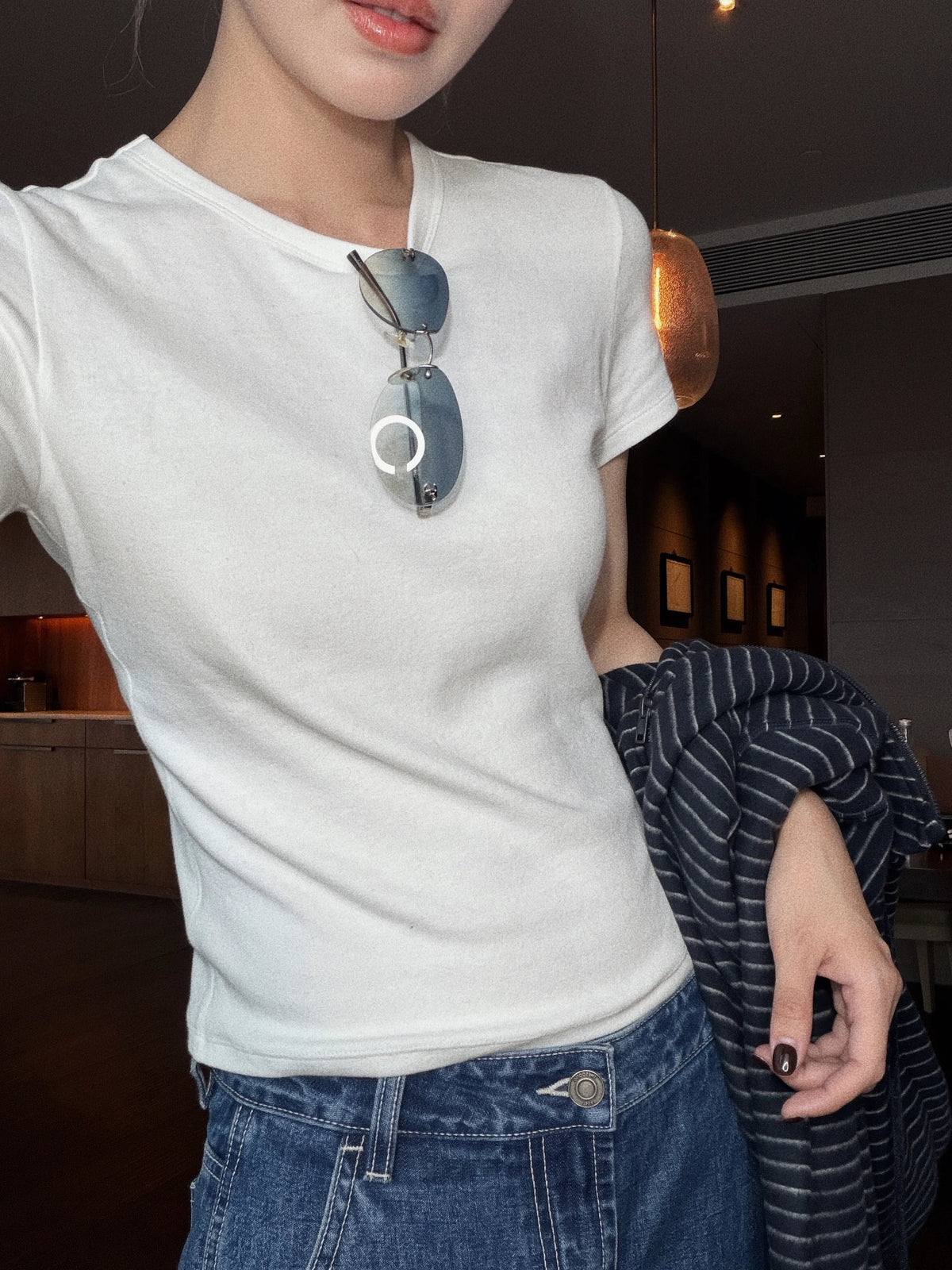 THESOONG/Casual White T-Shirt Cotton Blend High Elastic Wash-Resistant Round Neck Slimming Short Sleeve T-Shirt, Women 9495