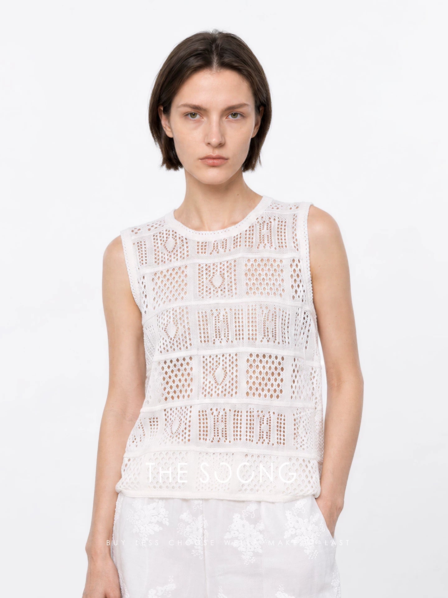 THESOONG/Fine Needle Ice-Feeling Washi Yarn Hollow Jacquard Knit Vest Summer Sleeveless Top for Women 9412