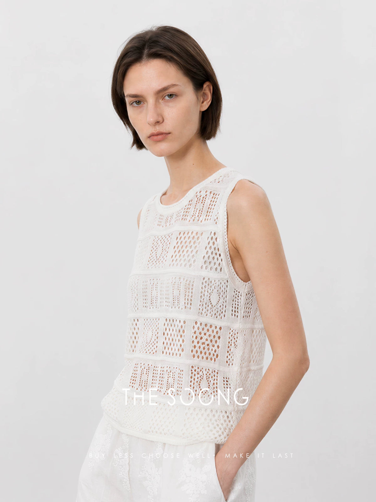 THESOONG/Fine Needle Ice-Feeling Washi Yarn Hollow Jacquard Knit Vest Summer Sleeveless Top for Women 9412