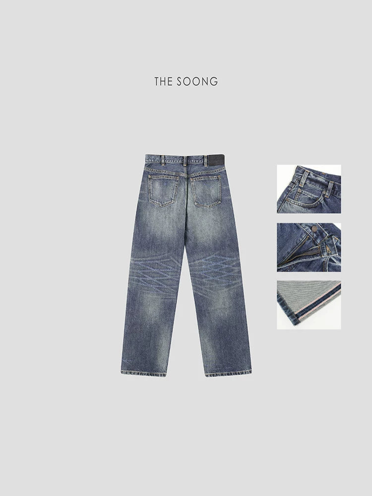 THESOONG/Red Selvedge Denim Autumn Retro Twill Texture Enzyme Wash Softened Mid-Low Waist Straight Jeans for Women