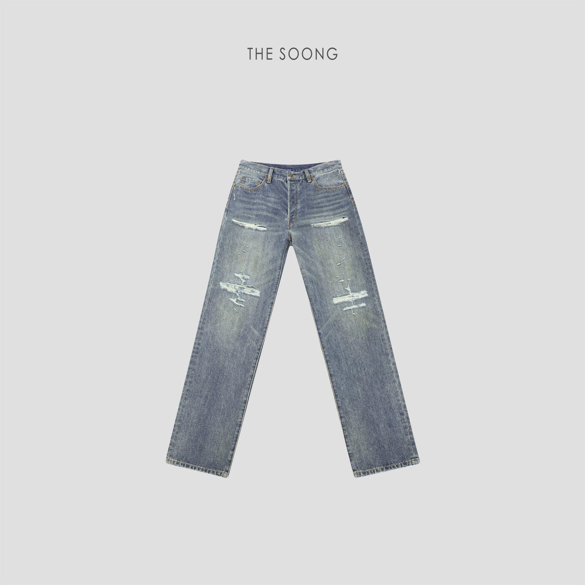 THESOONG/Salt-style well-regarded straight-leg jeans for women, irregular pull-out yuppie distressed distressed high-waisted 7427