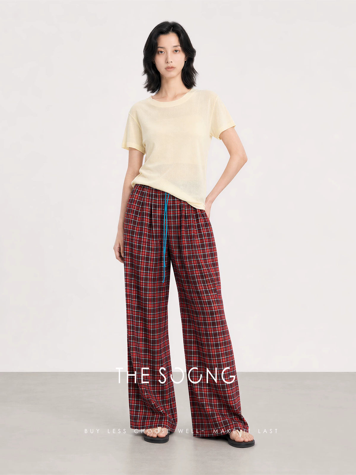 THESOONG/Lazy Holiday 100% Cotton Retro Plaid Elastic Waist Drawstring Straight Casual Pants 8451