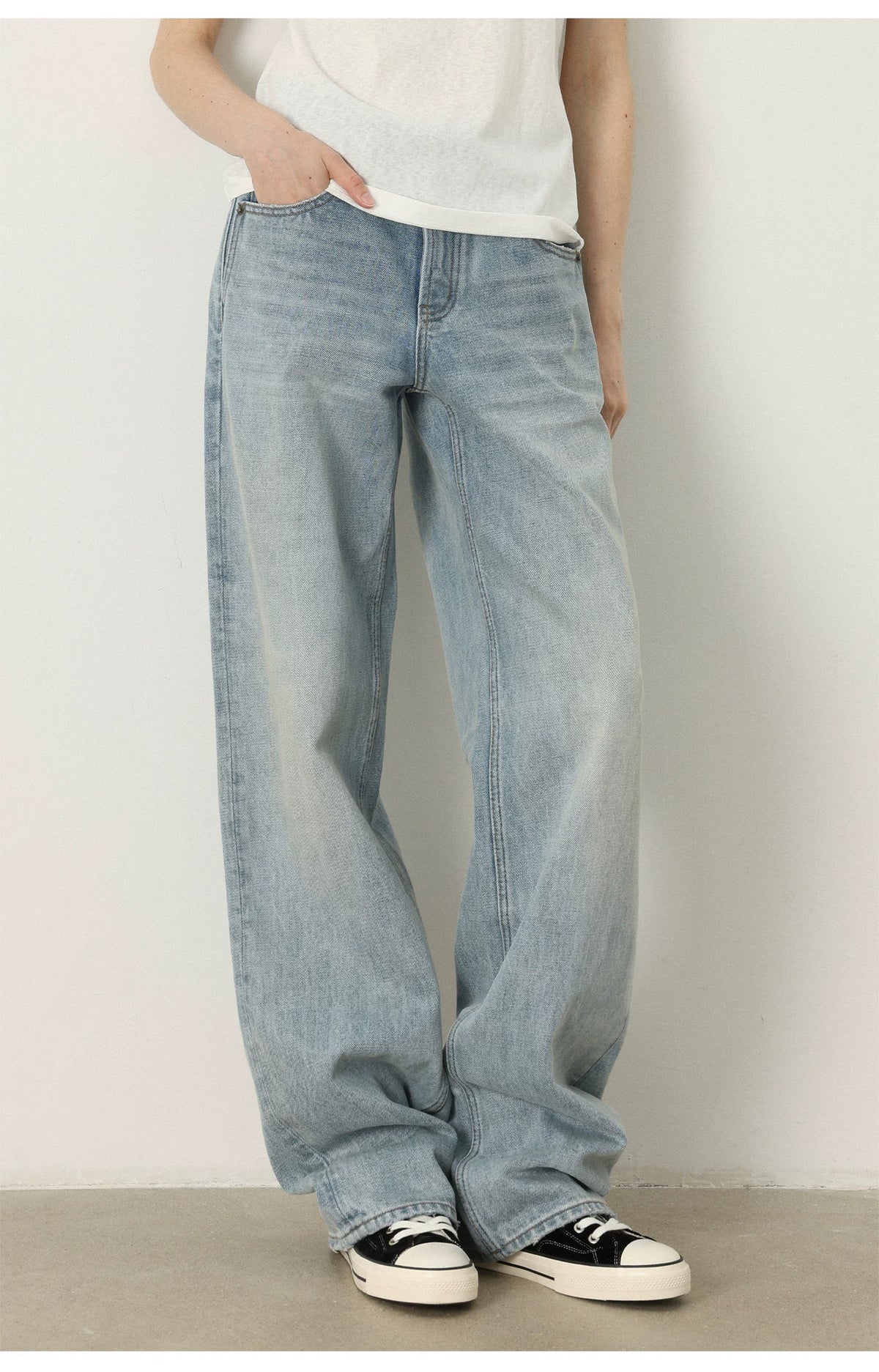 THESOONG/Straight-Leg Jeans Women New Light Blue 14.9oz Rigid Washed Wrinkle Long Pants 6940