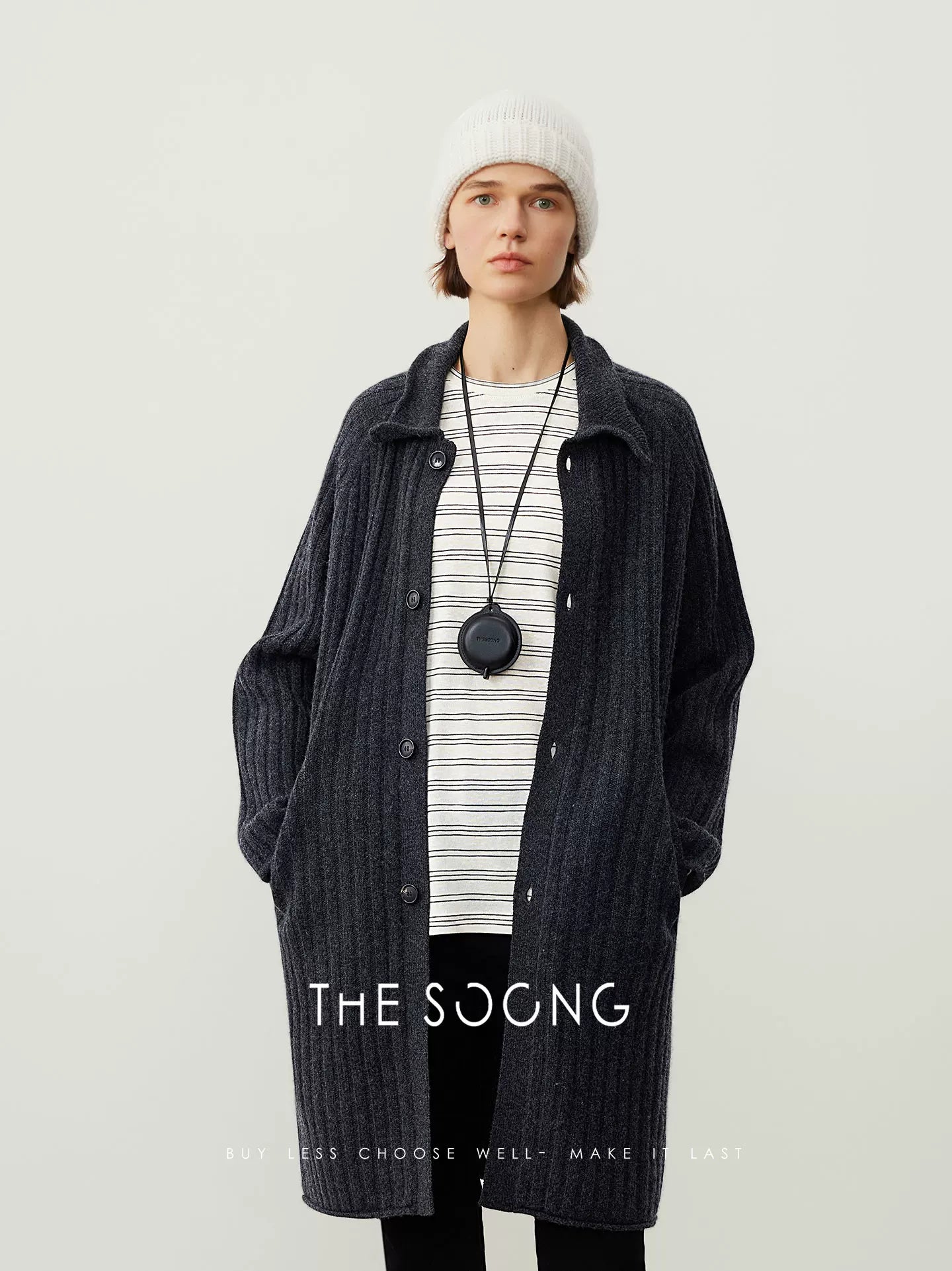 THESOONG/100% Basuran Wool Knit Long-Sleeve Cardigan Women's Mid-Length Trench Coat, Minimalist Outerwear 7526