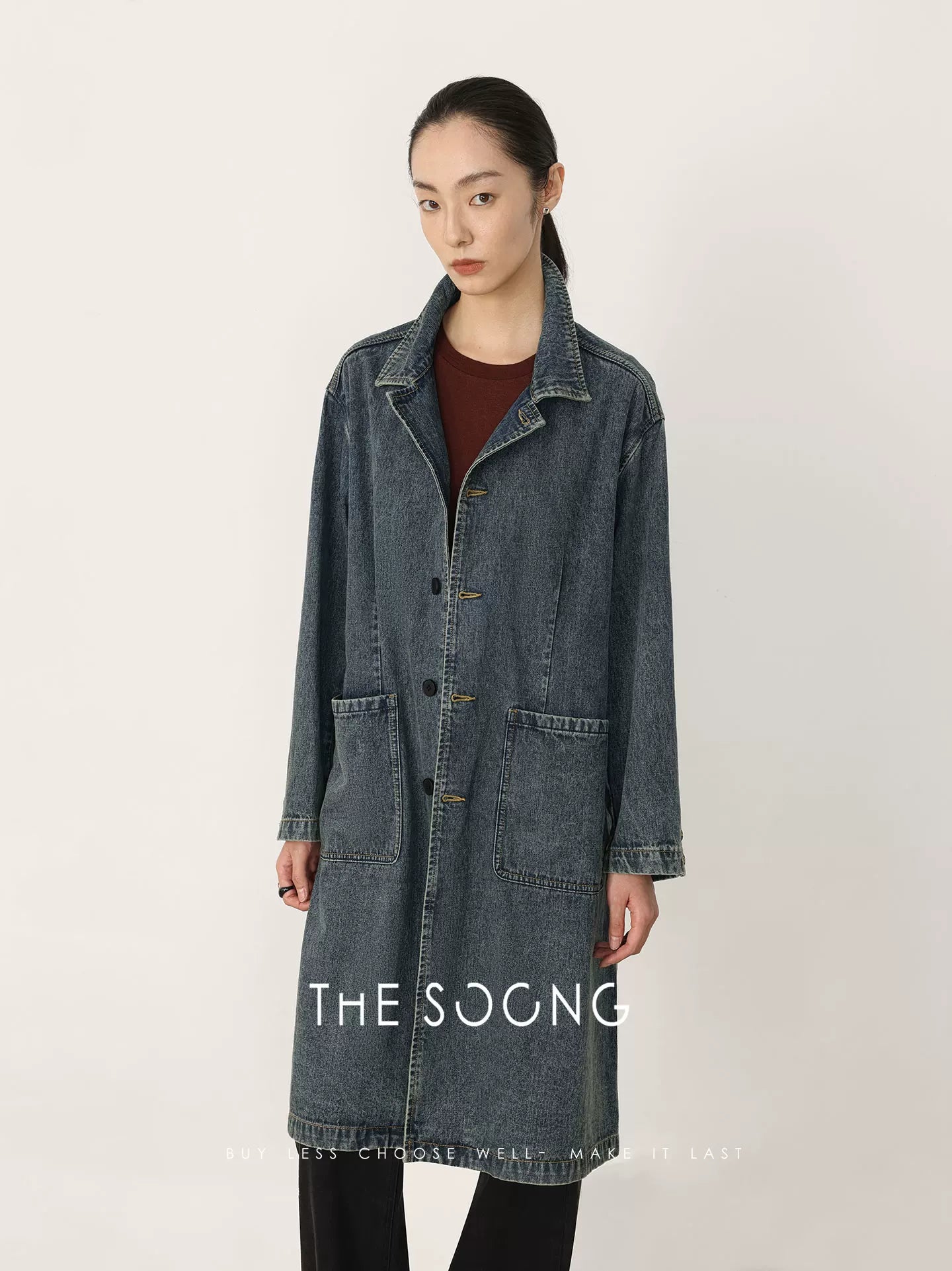 THESOONG/Spring New Long Over-the-Knee Denim Jacket Women Loose Fit Slimming Long Sleeve HBNZ8363