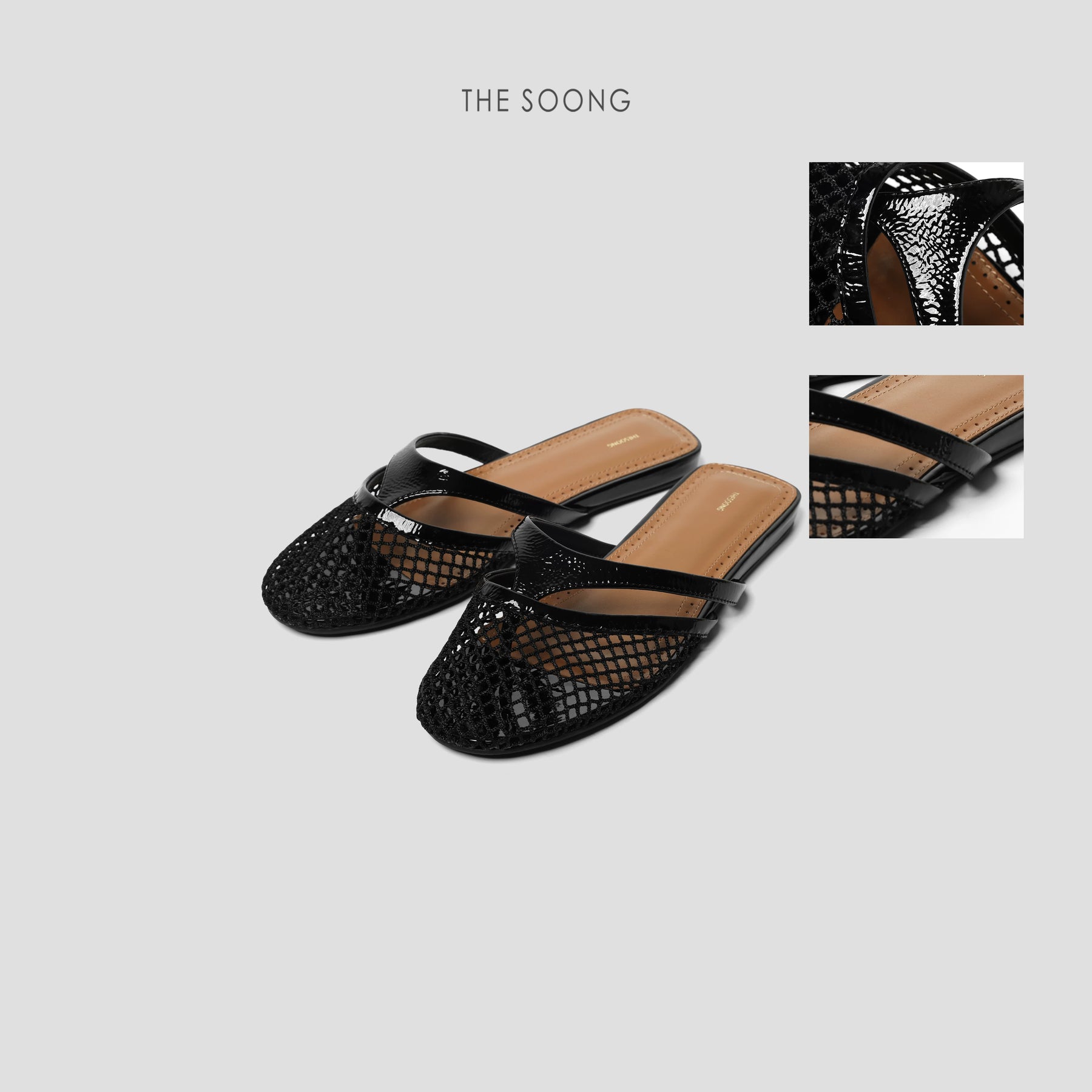 THESOONG/Leather Mesh Shoes Classic Hollow Breathable Fishnet Open-Toe Flat Slippers 7111