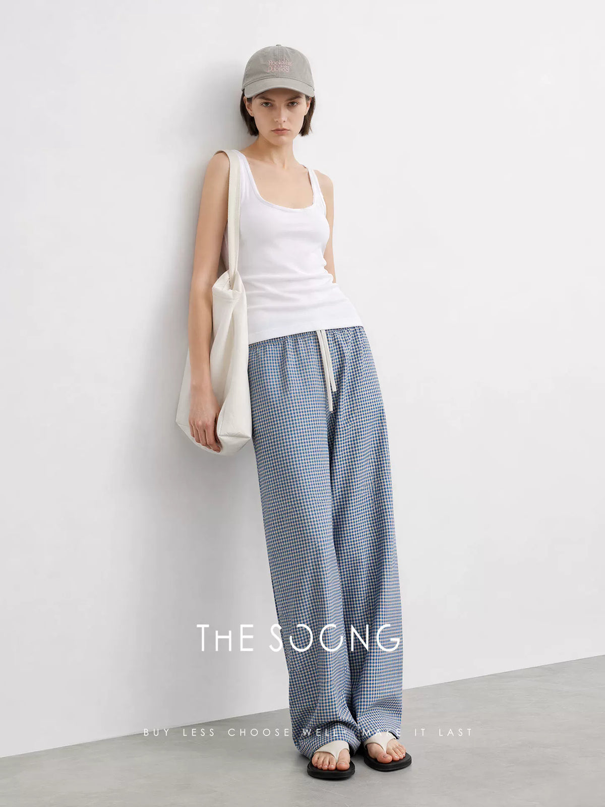 THESOONG/Blue/White Plaid Recycled Cellulose Wide-Leg Pants for Women, Summer High-Waisted Drape Pants HWKZ9372