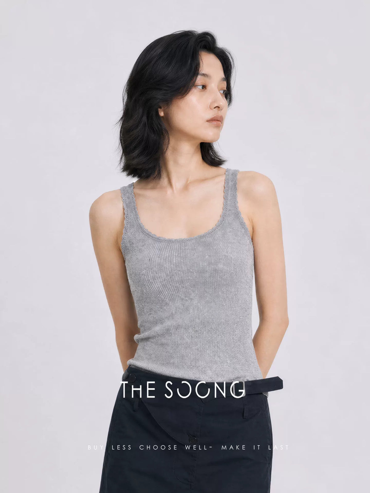 THESOONG/Merino Wool Blend Ribbed Knit Vest Women's Lace Trim U-Neck Short Camisole HWBX9322