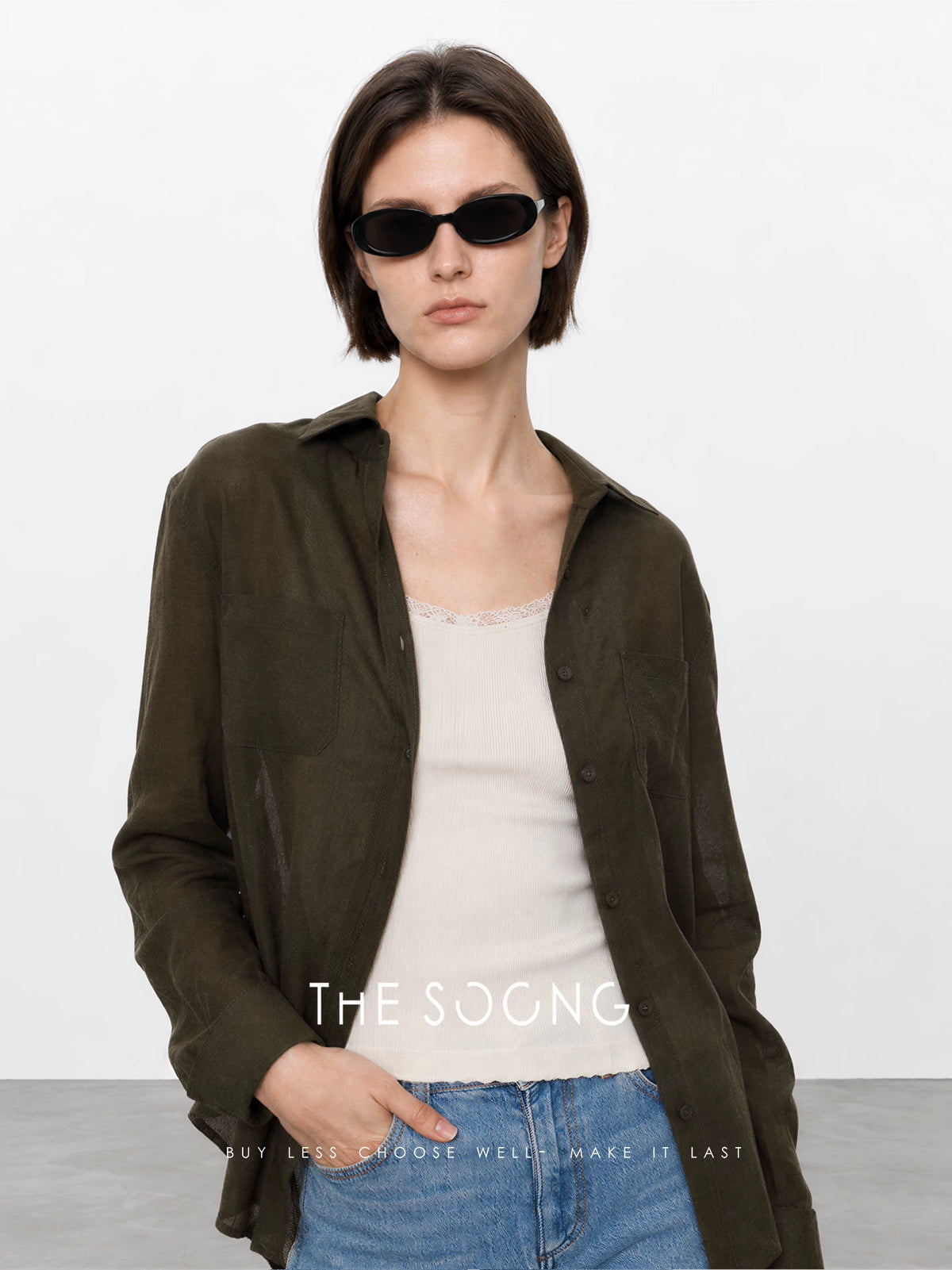 THESOONG/Lyocell Ramie Shirt for Women, Summer Olive Green Loose Long Sleeve Breathable Commuter Top 9406