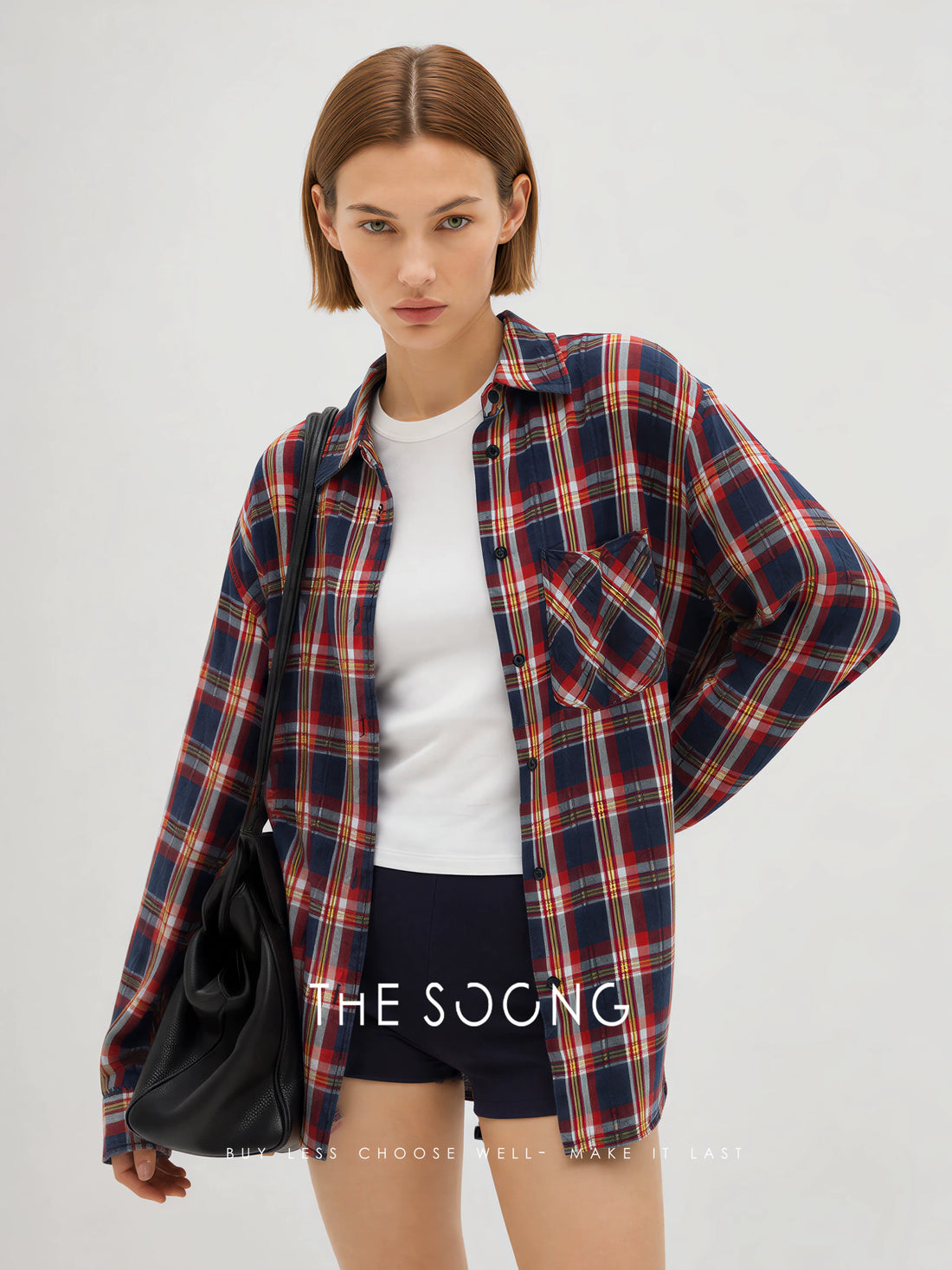 THESOONG/Nostalgic check color woven denim plaid heavy washed casual women's shirt 7740