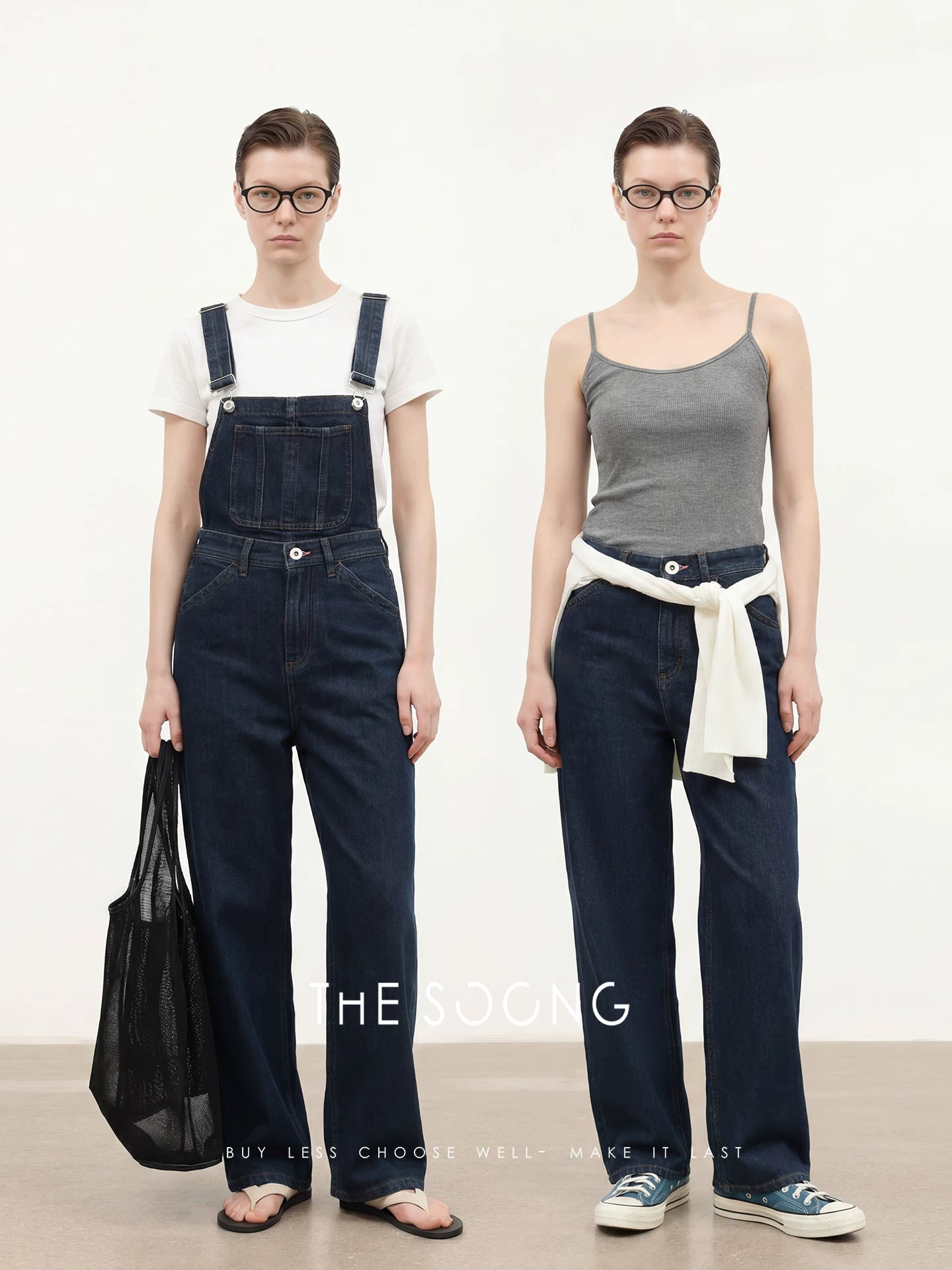 THESOONG/Casual Versatile Spring-Summer Detachable Strap High-waist Wide-leg Denim Jumpsuit for Women 8882
