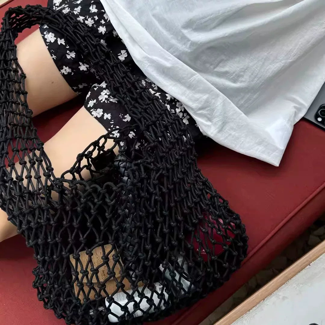 THESOONG/Basket Pure Handmade Top-Grain Cowhide Knotted Woven Hollow Single Compartment Net Bag 6807