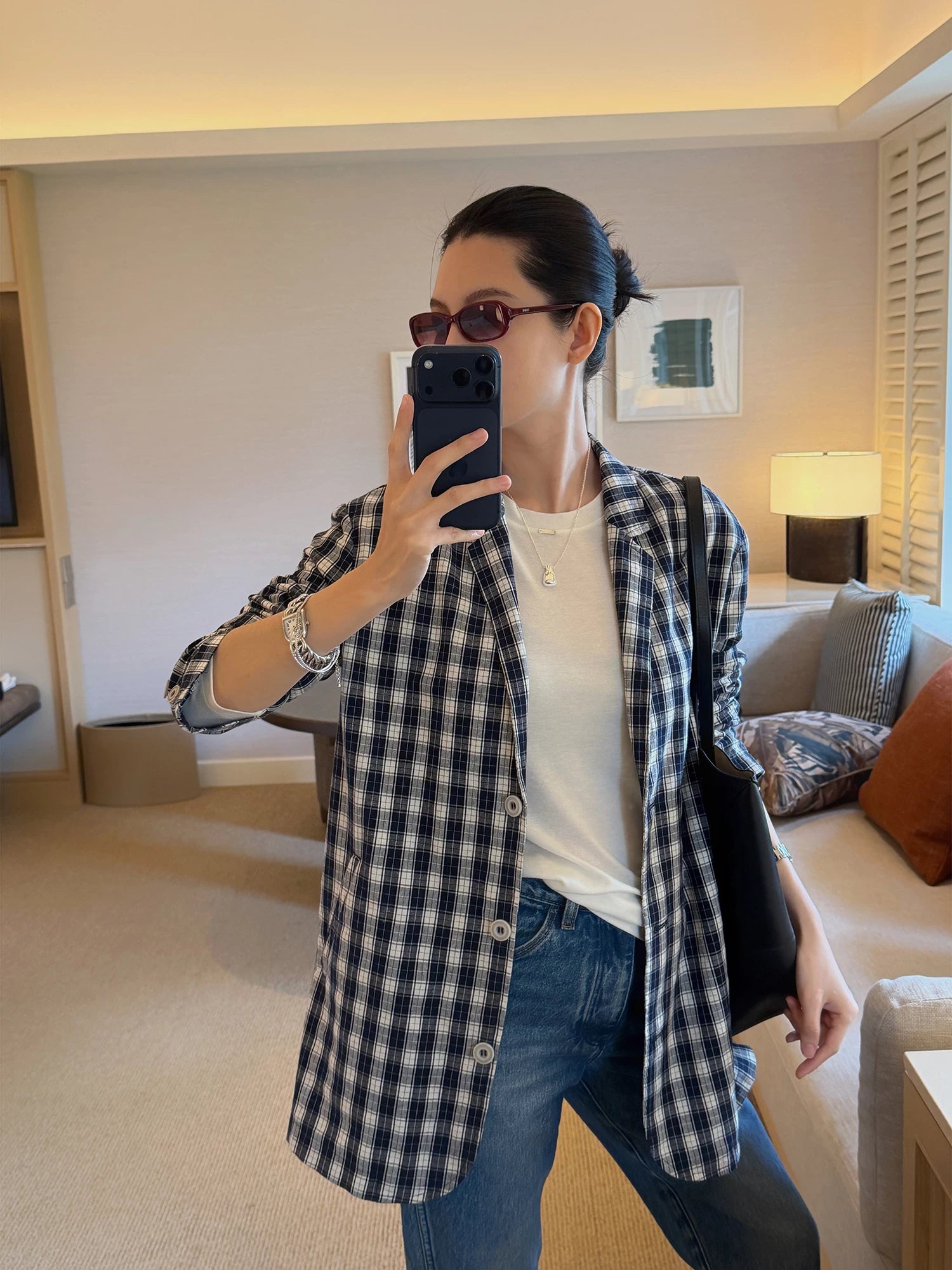 THESOONG / Spring Blue and White Plaid Casual Suit Jacket Women Petite High-end Design Top 8060