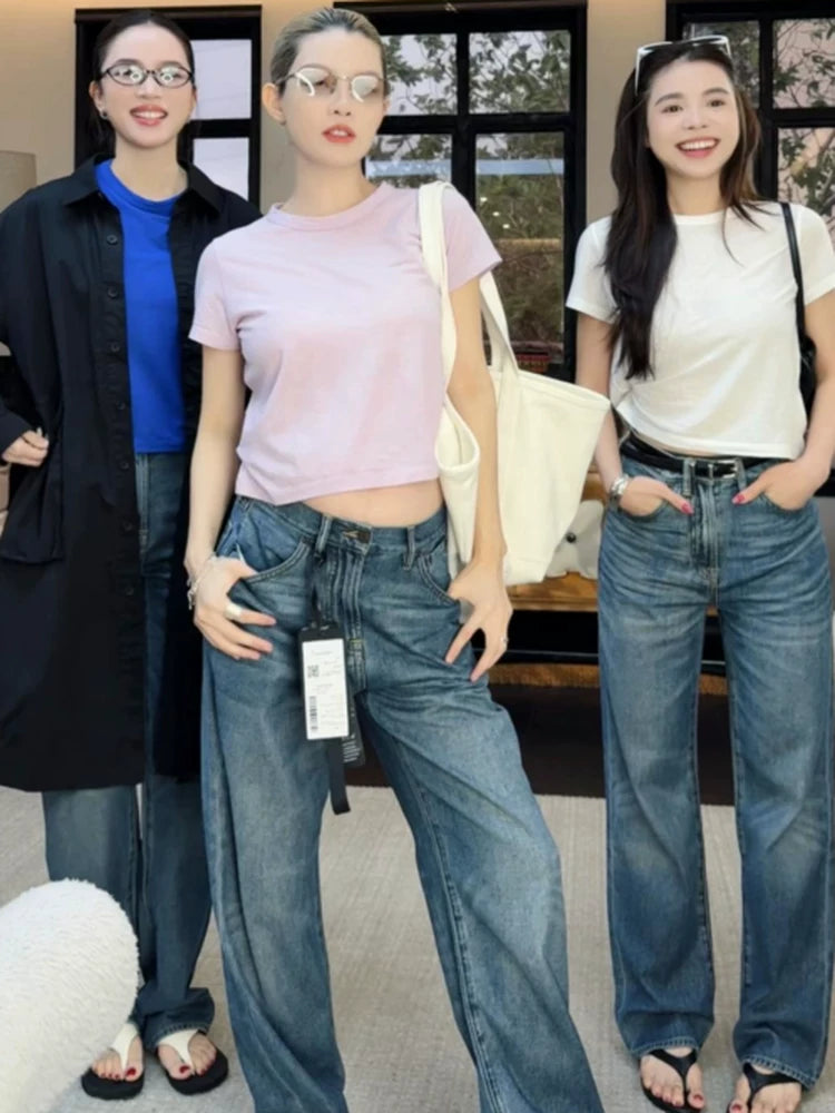 THESOONG/Acid Denim Three-in-One Blend Summer Thin Mid-Waist Zipper Straight-Leg Jeans for Women 8254