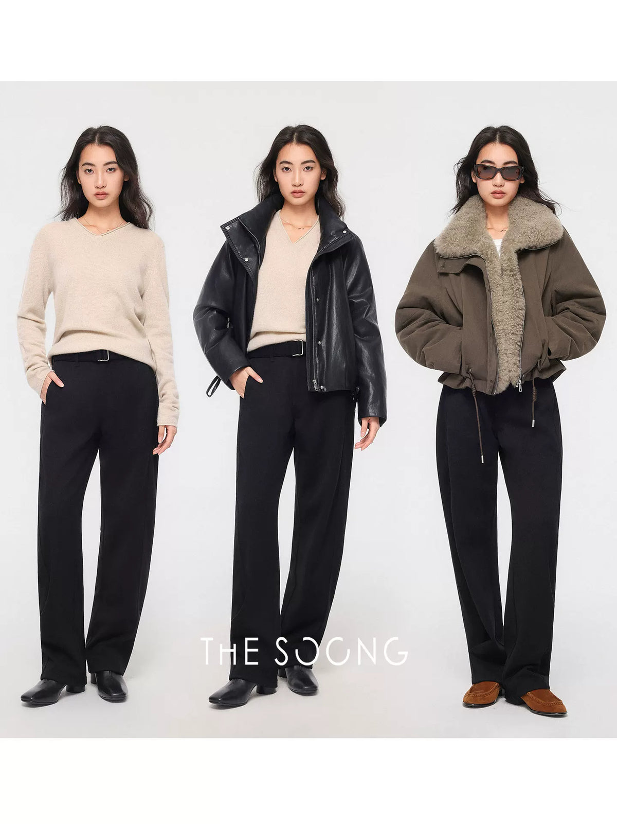 THESOONG / Autumn/Winter Women's Fleece-Lined Thick Elastic Zipper Mid-Waist Casual Pants 7302
