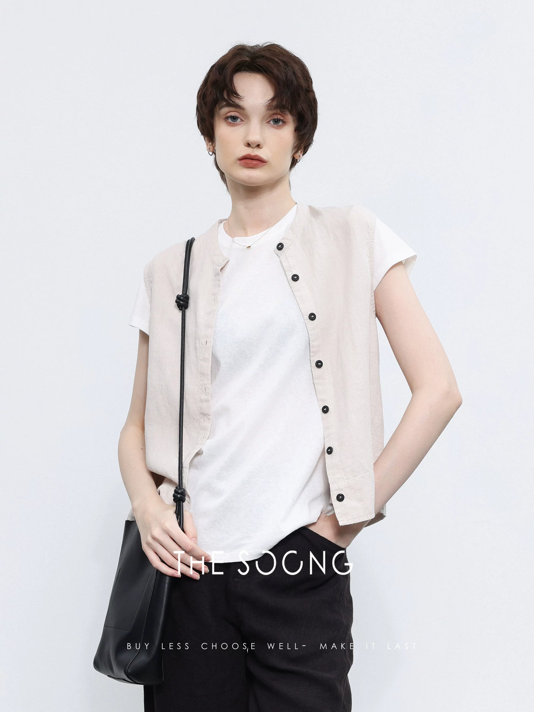 THESOONG / High-End Hemp Fabric Washed Soft Thin Vest Outerwear Layering Cardigan Vest