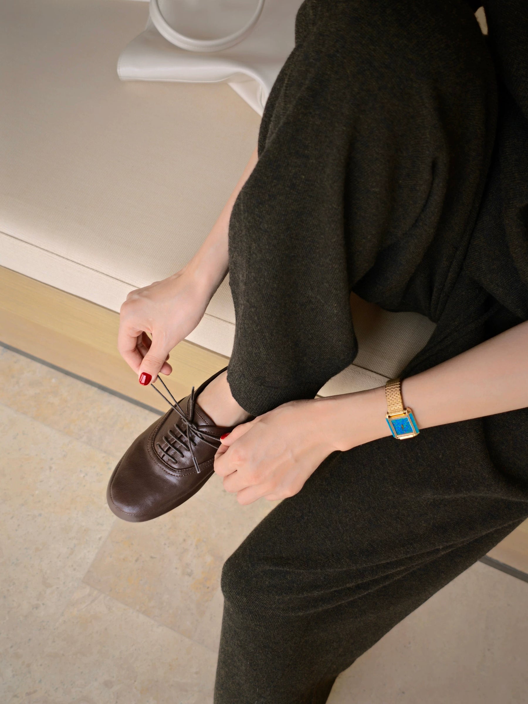 THESOONG/ Vintage Coffee Tone, Top-grain Lambskin Soft Breathable Hand-stitched Commuter Casual Leather Shoes 9399