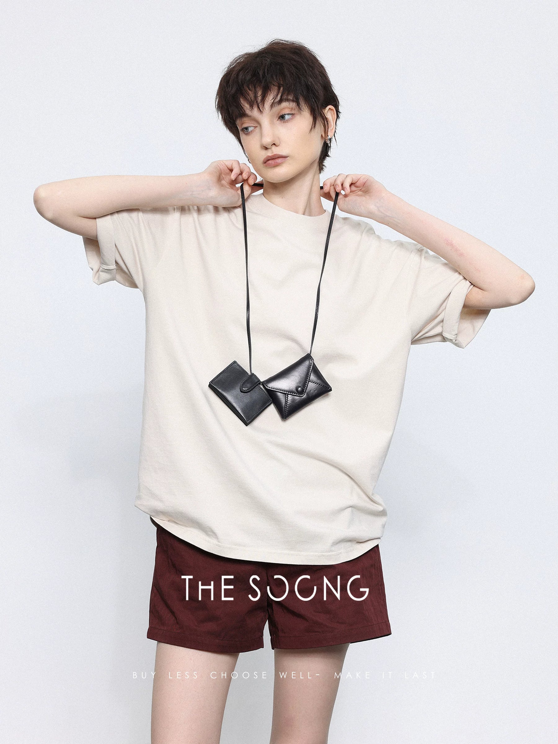 THESOONG/first-layer calf black lightweight neck-hanging stylish new women's earphone card holder