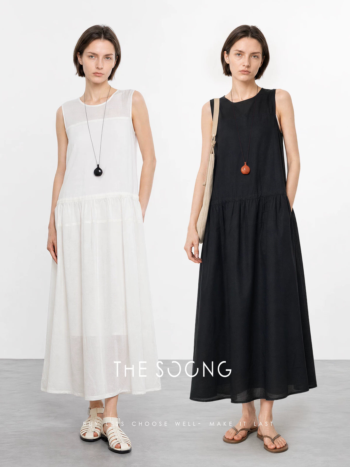 THESOONG/Summer Linen-Cotton Tencel Drawstring Waist-Cinching Black-and-White Sleeveless Dress for Women HWQZ9370