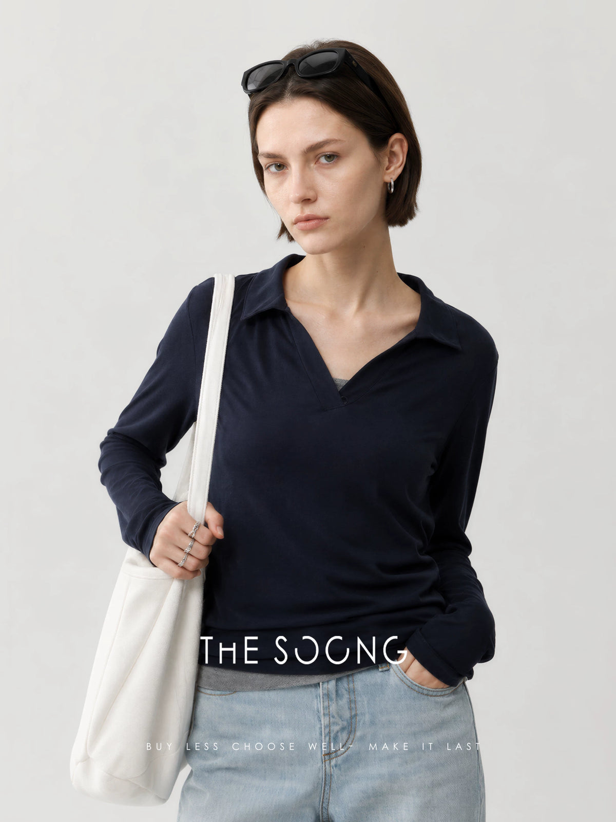 THESOONG / Classic 100% cotton breathable Henry shirt skin-feel long sleeve polo sweater for women 6347