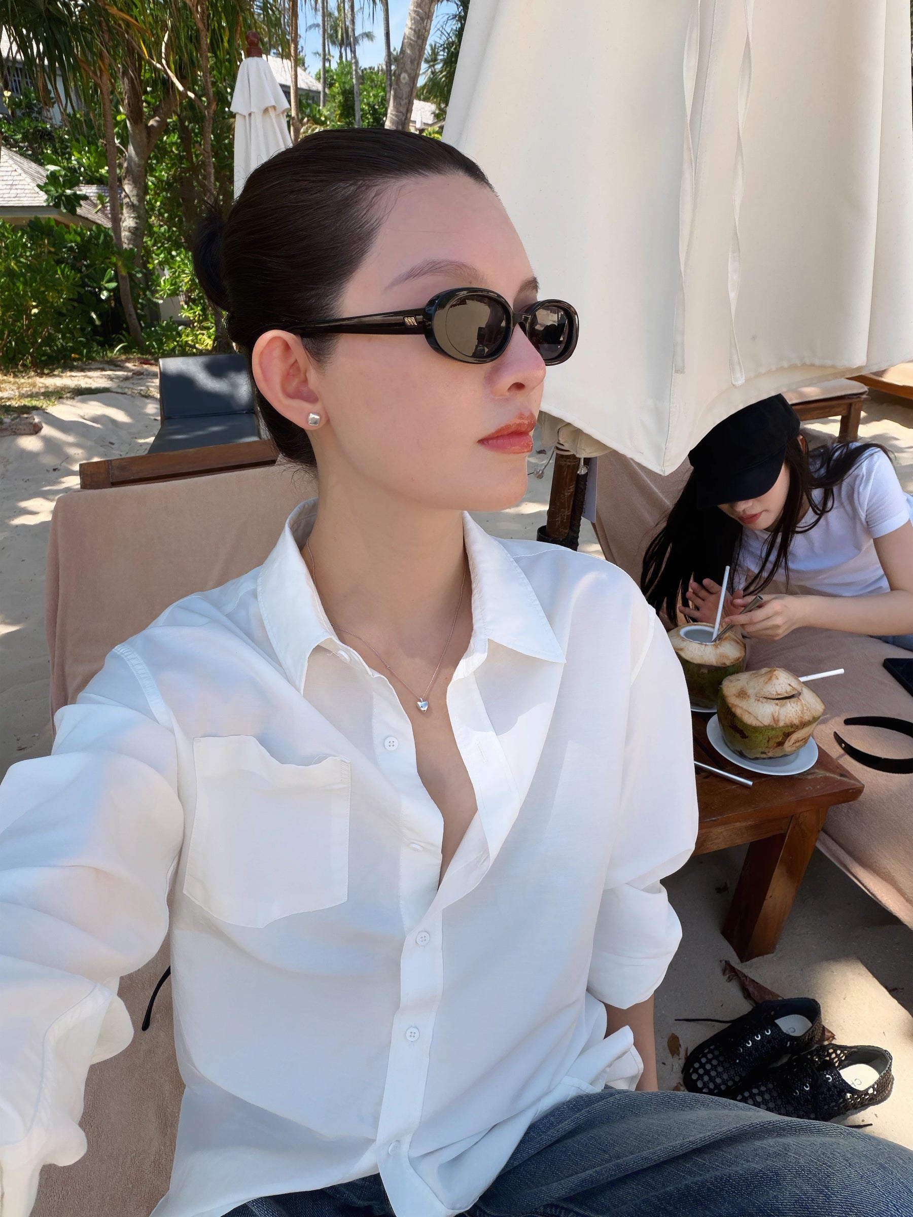 THESOONG/Minimalist white mulberry silk long sleeve shirt women's soft relaxed collared casual shirt 8635