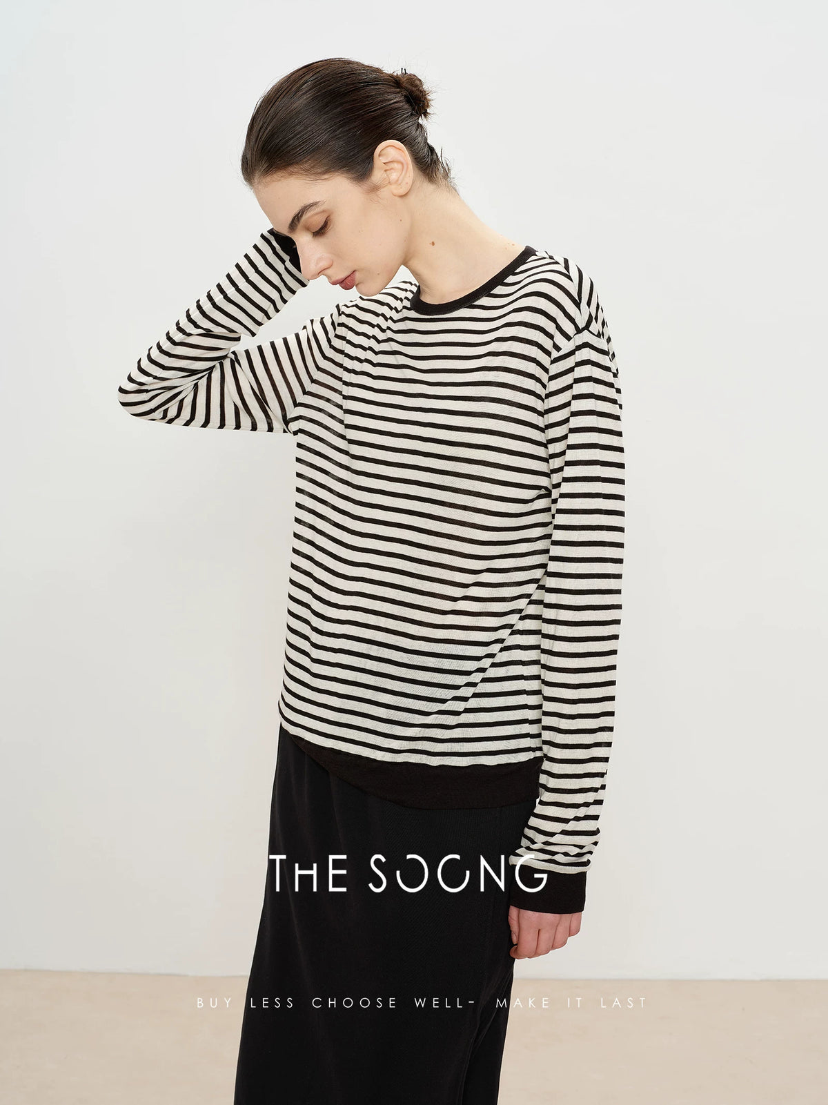 THESOONG/Line Aesthetics Zebra Stripe High-Weave Tencel Wool Summer Thin Long Sleeve Round Neck T-Shirt 2946