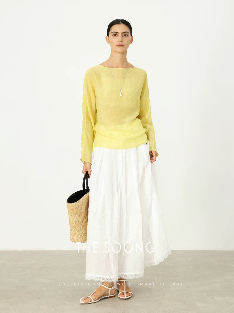THESOONG/Line Beauty 100% Ramie Lightweight Weaved Lace Elastic Waist Half Skirt for Women Breathable