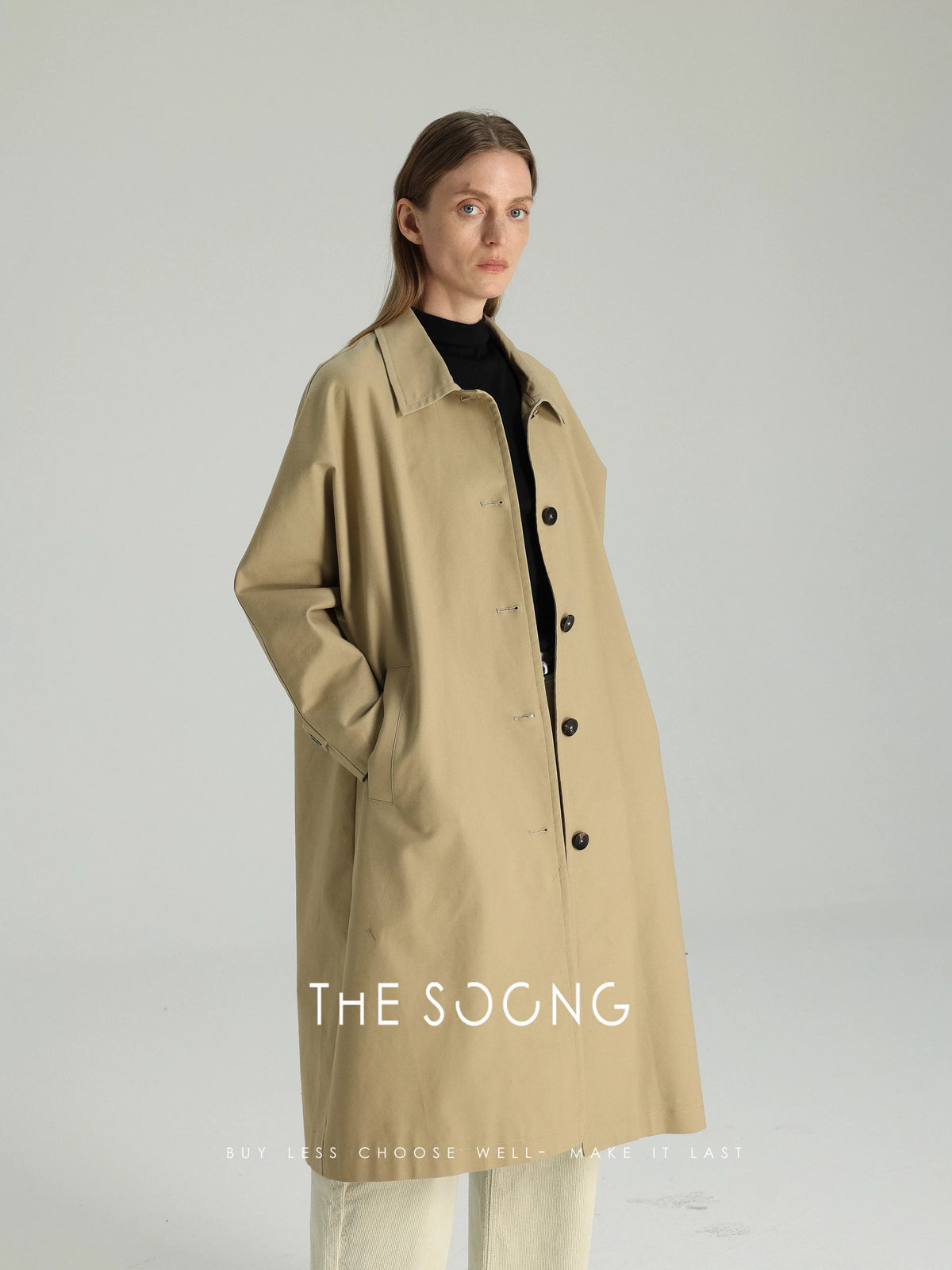 THESOONG / Old Milan 365g Woven Fabric Long Trench Coat Simple Horn Button Khaki Coat