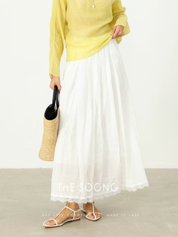 THESOONG/Line Beauty 100% Ramie Lightweight Weaved Lace Elastic Waist Half Skirt for Women Breathable