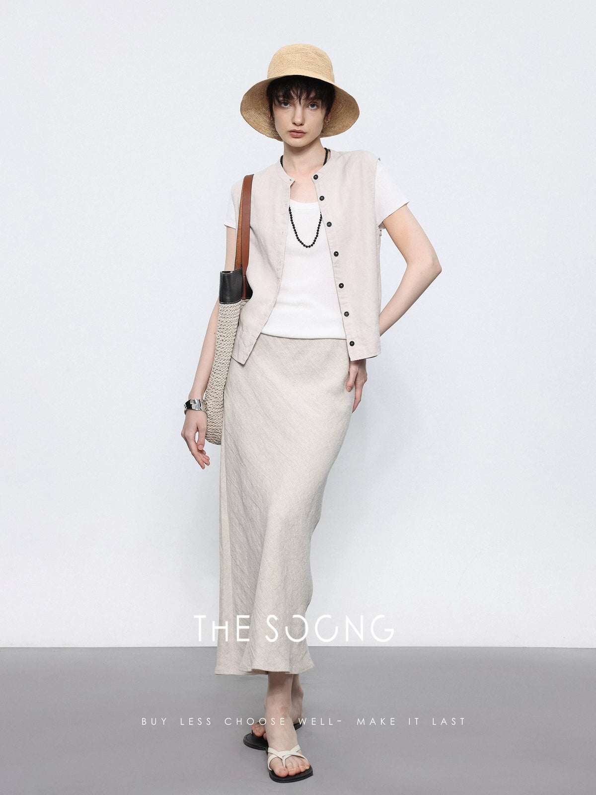 THESOONG/ Natural raffia summer sun hat purely handwoven retro holiday-style bucket hat