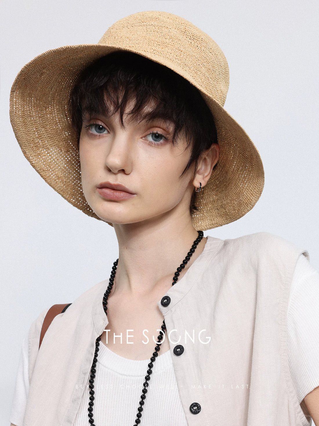 THESOONG/ Natural raffia summer sun hat purely handwoven retro holiday-style bucket hat