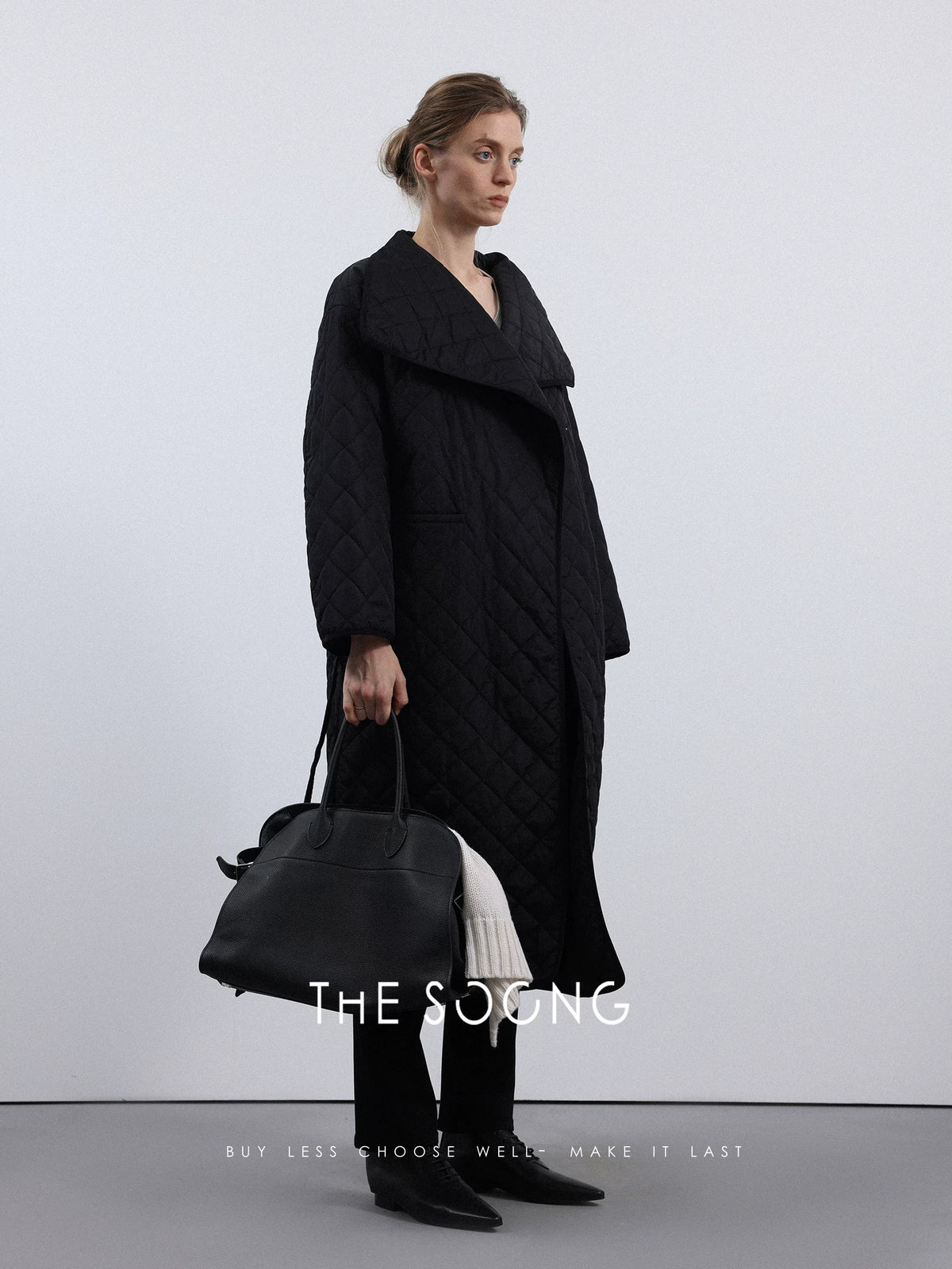 [Clearance] TT Home Minimalist Linear Classic Quilted Cotton Jacket Autumn/Winter Warm Versatile Black Long Coat