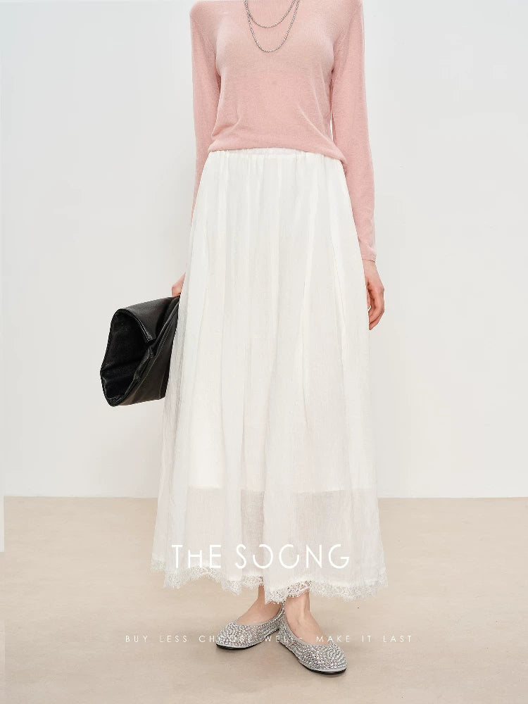 THESOONG/Line Beauty 100% Ramie Lightweight Weaved Lace Elastic Waist Half Skirt for Women Breathable