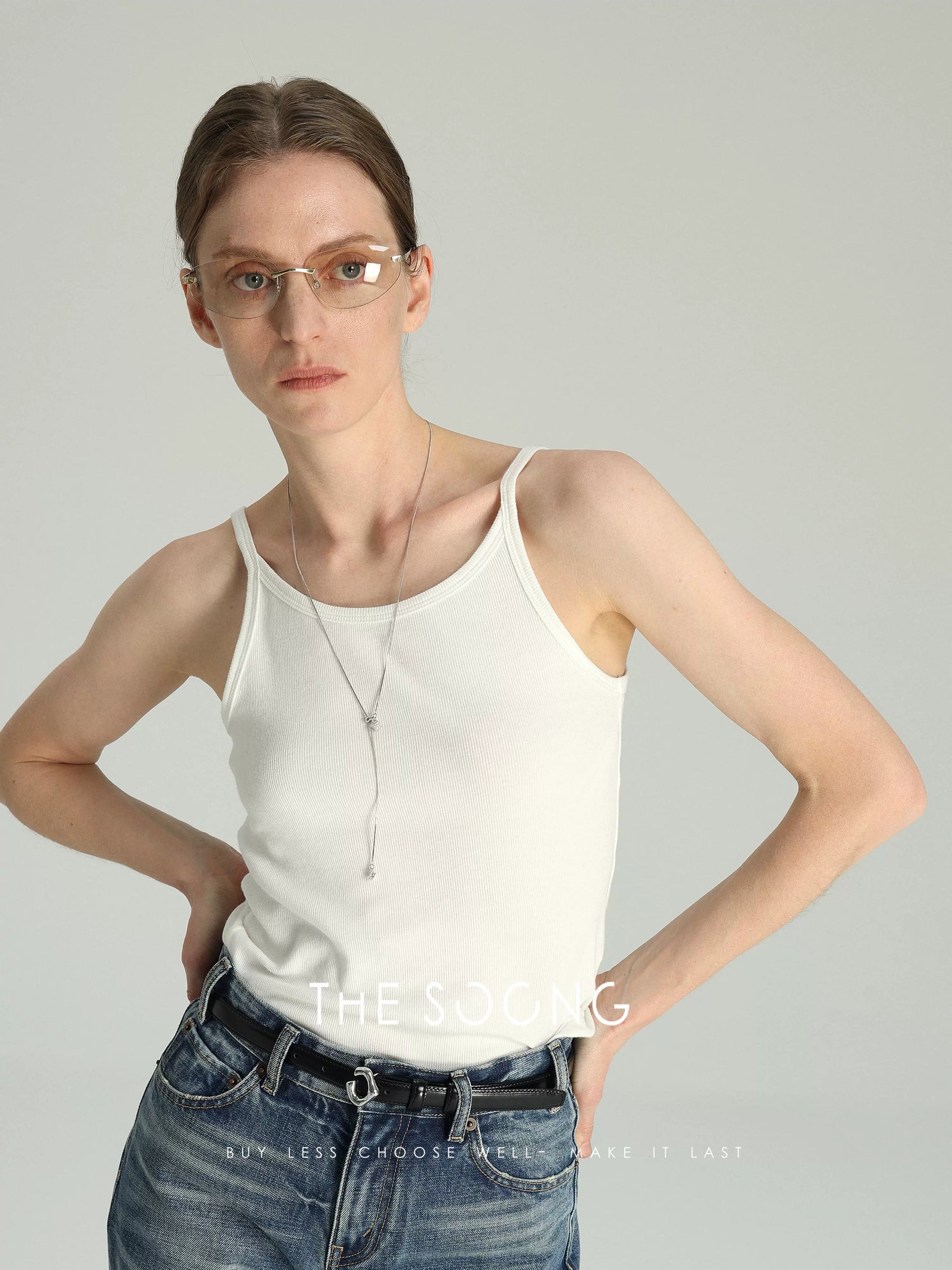THESOONG/ Small vest cotton-feel knitted white U-neck camisole tank top for women soft wrinkle-resistant versatile top
