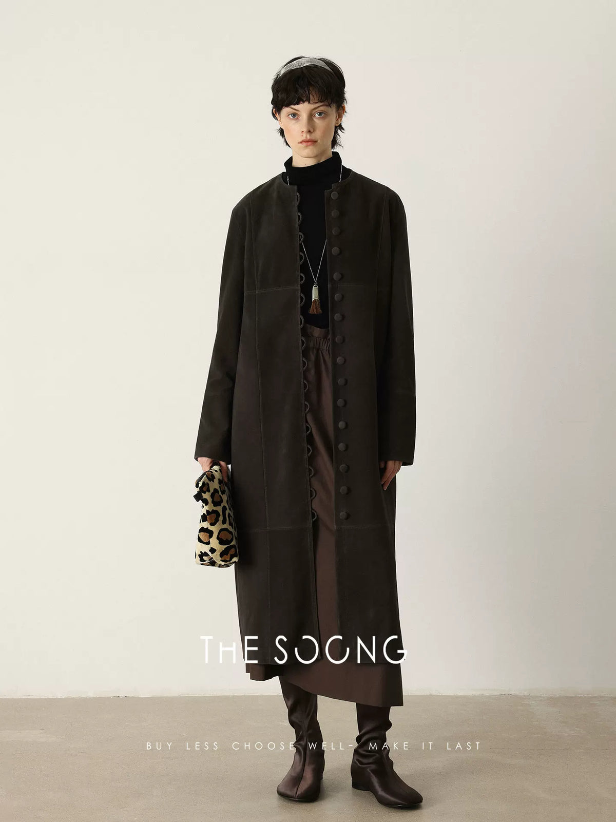 THESOONG/ 100% High-End Genuine Goat Leather Jacket for Women, Straight Trench Fit, Collarless Mid-length Leather Coat